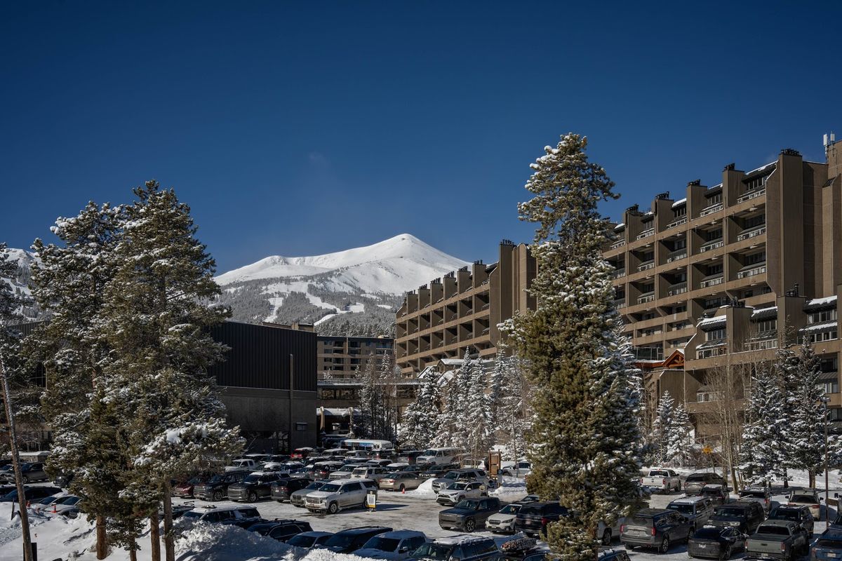 Breckenridge Colorado — snow-covered Tenmile Range above Victorian Main Street, alpine ski resort at 9,600 feet
