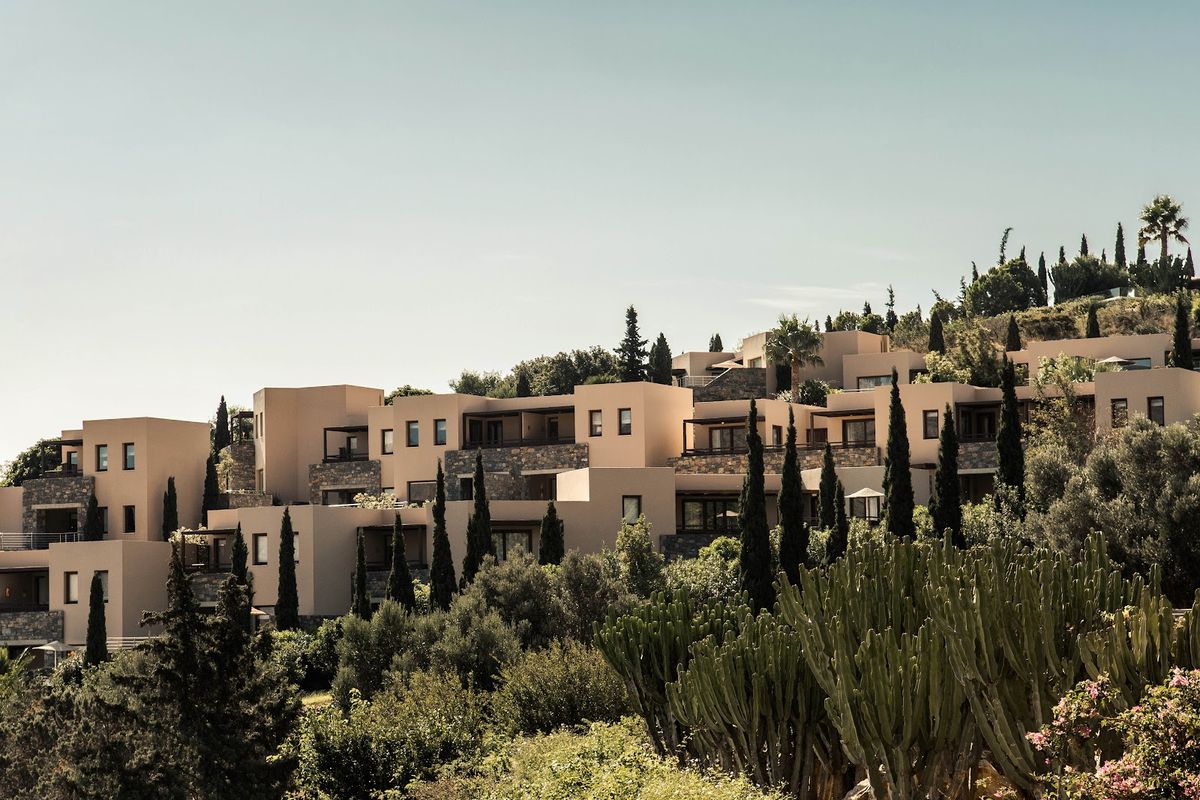 Crete Greece — Elounda Bay luxury hotels with Mirabello Bay, largest Greek island Mediterranean coast