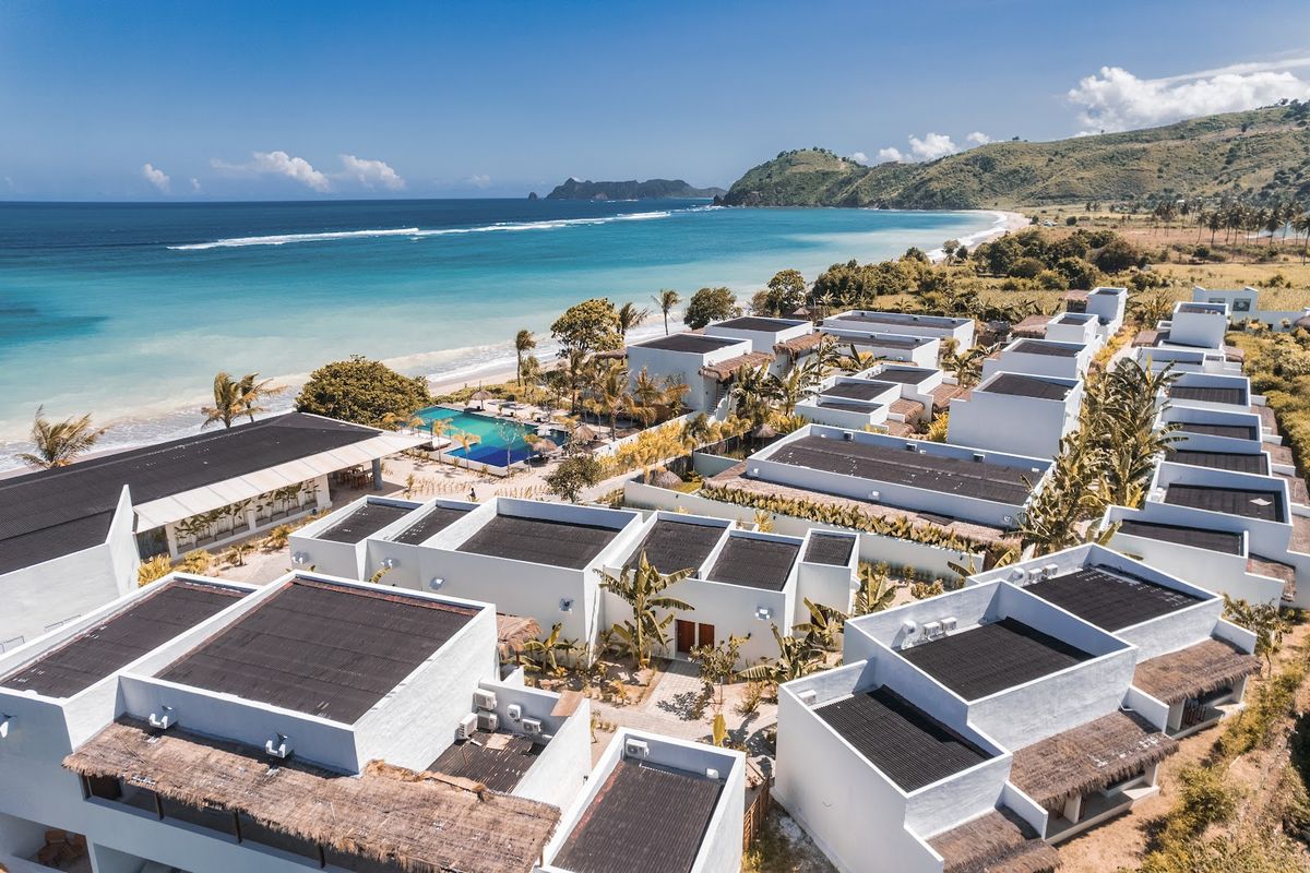 Lombok Indonesia — Mount Rinjani volcano with white sand beaches and Gili islands offshore