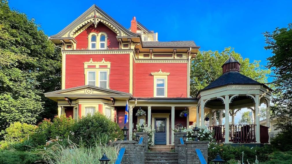 Lunenburg Old Town waterfront — jelly-bean coloured wooden buildings and Bluenose II