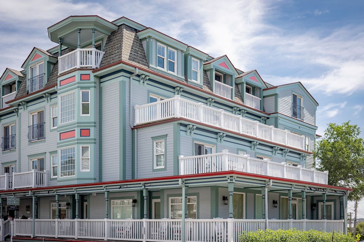 Summercamp Hotel Oak Bluffs — pastel Victorian hotel facing the Flying Horses Carousel, Martha's Vineyard