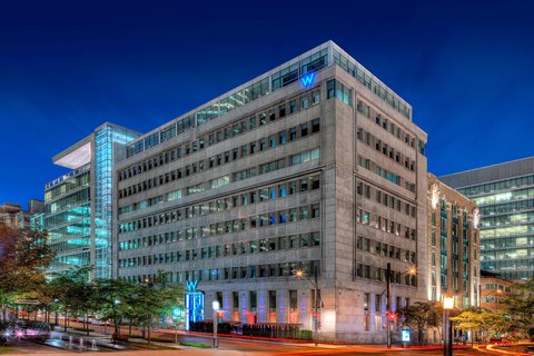 W Montreal — design hotel in former Bank of Canada building on Square Victoria, downtown Montreal at night