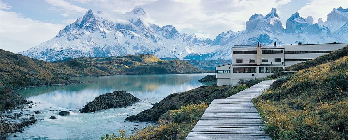 Tierra Patagonia Hotel — luxury wilderness lodge with 40 rooms on shore of Lake Sarmiento overlooking Torres del Paine