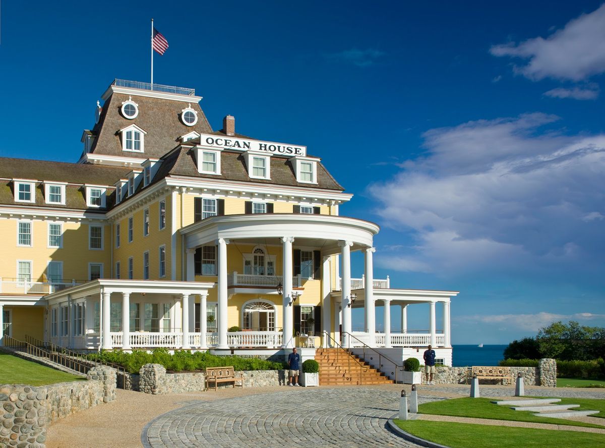 Watch Hill Rhode Island coastline at golden hour — Atlantic Ocean meeting the bluffs below the Watch Hill Lighthouse